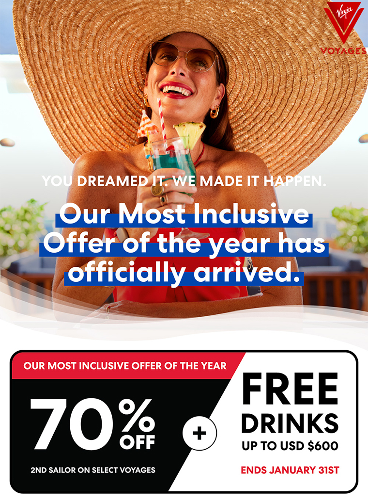 Virgin Voyages: 70% Off 2nd Guest + Free Drinks Upto US$ 600